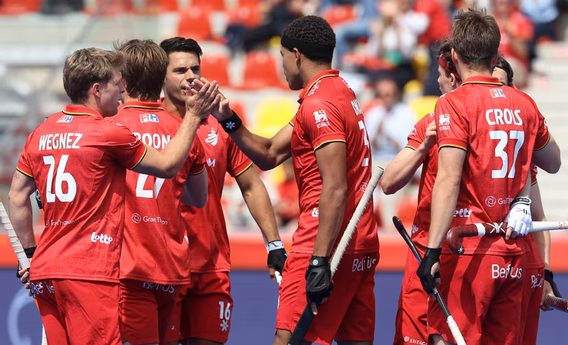 Belgium's Nelson Onana celebrates after scoring during a hockey game between Belgian national team Red Lions and Pakistan, Saturday 13 June 2026 in Ottignies-Louvain-la-Neuve, match 9/16 in the group stage of the men's FIH Pro League competition. BELGA PHOTO VIRGINIE LEFOUR
