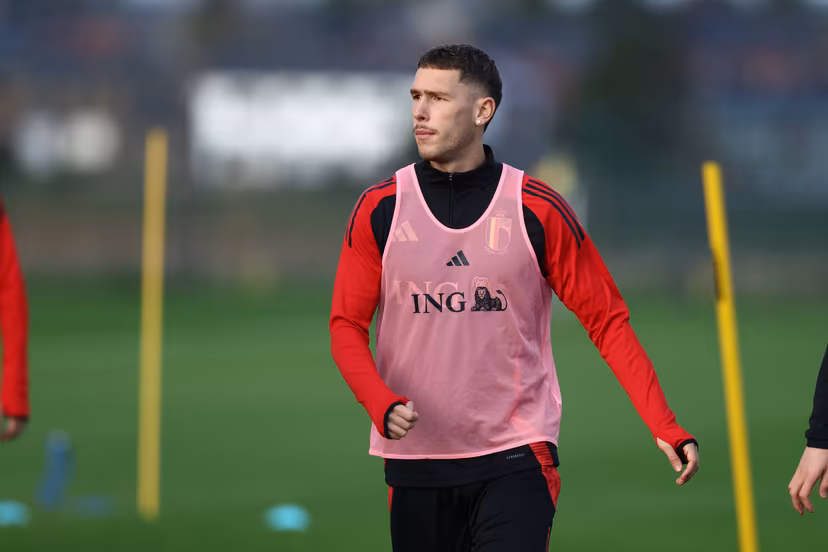 Belgium's Lucas Stassin pictured during a training session of the Belgian national soccer team Red Devils U21 ahead of their Euro qualifying match against Austria, at the Royal Belgian Football Association's training center, in Tubize, Tuesday 11 November 2025. BELGA PHOTO BRUNO FAHY