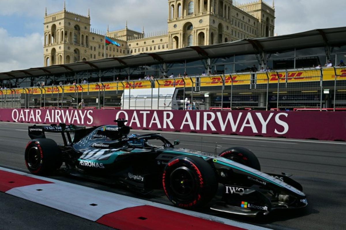 Mercedes' British driver George Russell steers his car during the third practice session ahead of the Formula One Azerbaijan Grand Prix at the Baku City Circuit in Baku on September 25, 2026. Andrej ISAKOVIC / AFP