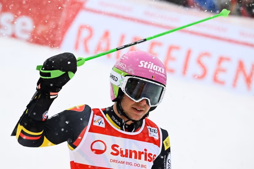 Belgium's Sam Maes reacts as he crosses the finish line in the second run of the Men's Giant Slalom, part of the FIS Alpine Ski World Cup 2025-2026 in Adelboden, soutwestern Switzerland on January 10, 2026. Fabrice COFFRINI / AFP