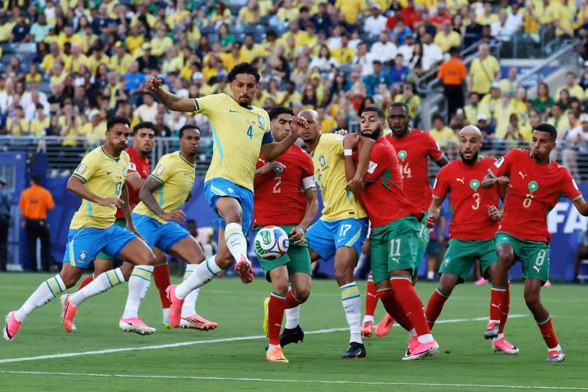 Brazil's defender #04 Marquinhos kicks the ball during the 2026 World Cup Group C football match between Brazil and Morocco at the New York/New Jersey Stadium in East Rutherford on June 13, 2026. TIMOTHY A. CLARY / AFP