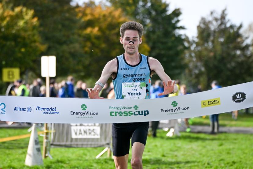 Belgian Yorick Van De Kerkhove celebrates as he crosses the finish line to win the men's race at the CrossCup cross country running athletics event in Roeselare on Sunday 25 October 2026. BELGA PHOTO ELIAS ROM