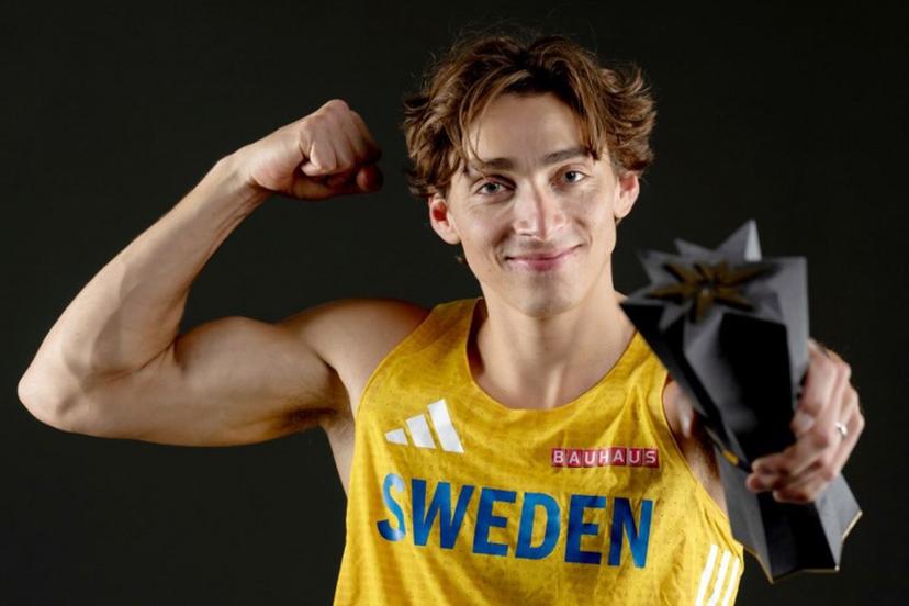 Sweden's Armand Duplantis, winner of the pole vault men competition, poses with his trophy for a photo during a studio photo session on the sidelines of the World Athletics Ultimate Championship at the Gyula Zsivotzky National Athletics Centre in Budapest on September 11, 2026. Andrej ISAKOVIC / AFP