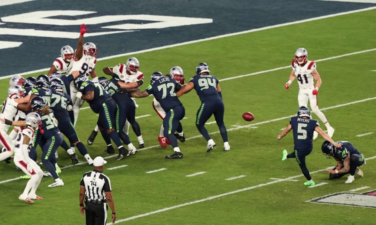 Seattle Seahawks' kicker #05 Jason Myers kicks a field goal during Super Bowl LX between the New England Patriots and the Seattle Seahawks at Levi's Stadium in Santa Clara, California on February 8, 2026. Patrick T. Fallon / AFP