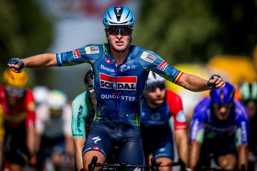 Belgian Tim Merlier of Soudal Quick-Step celebrates as he crosses the finish line to win the stage 8 of the 2026 Tour de France cycling race, a stage of 182km from Perigueux to Bergerac, on Saturday 11 July 2026. The 113th edition of the Tour de France starts on Saturday 4 July in Barcelona, Spain, and will finish in Paris, France on the 26th of July. BELGA PHOTO JASPER JACOBS