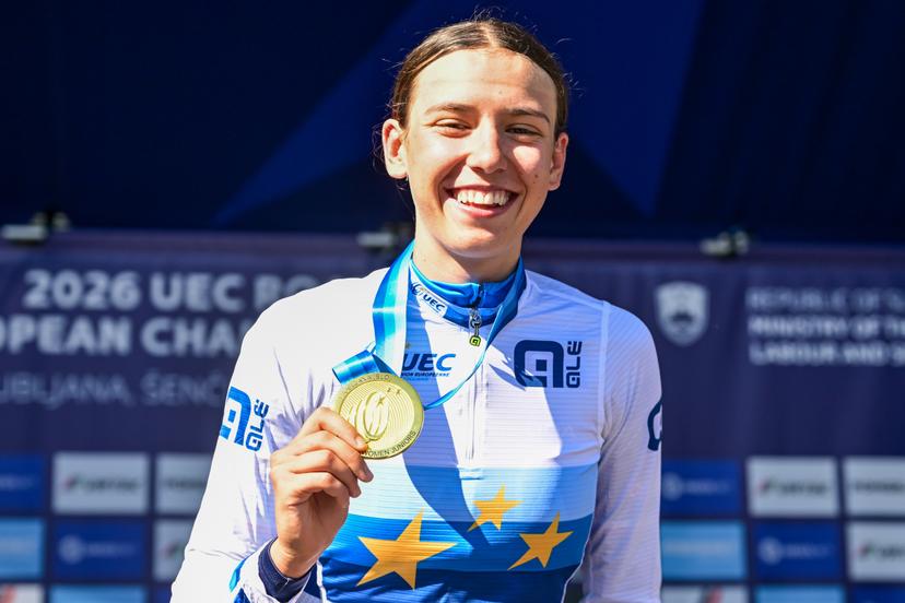 Italian Azzurra Ballan , winner of the gold medal celebrates on the podium of the junior women Road Race race (66,3 km) at the cycling UEC Road European Championships, in Ljubljana, Slovenia Sunday 4 October 2026. The UEC Road European Championships are taking place from 02 to 07 October in Ljubljana, Slovenia. BELGA PHOTO DAVID PINTENS