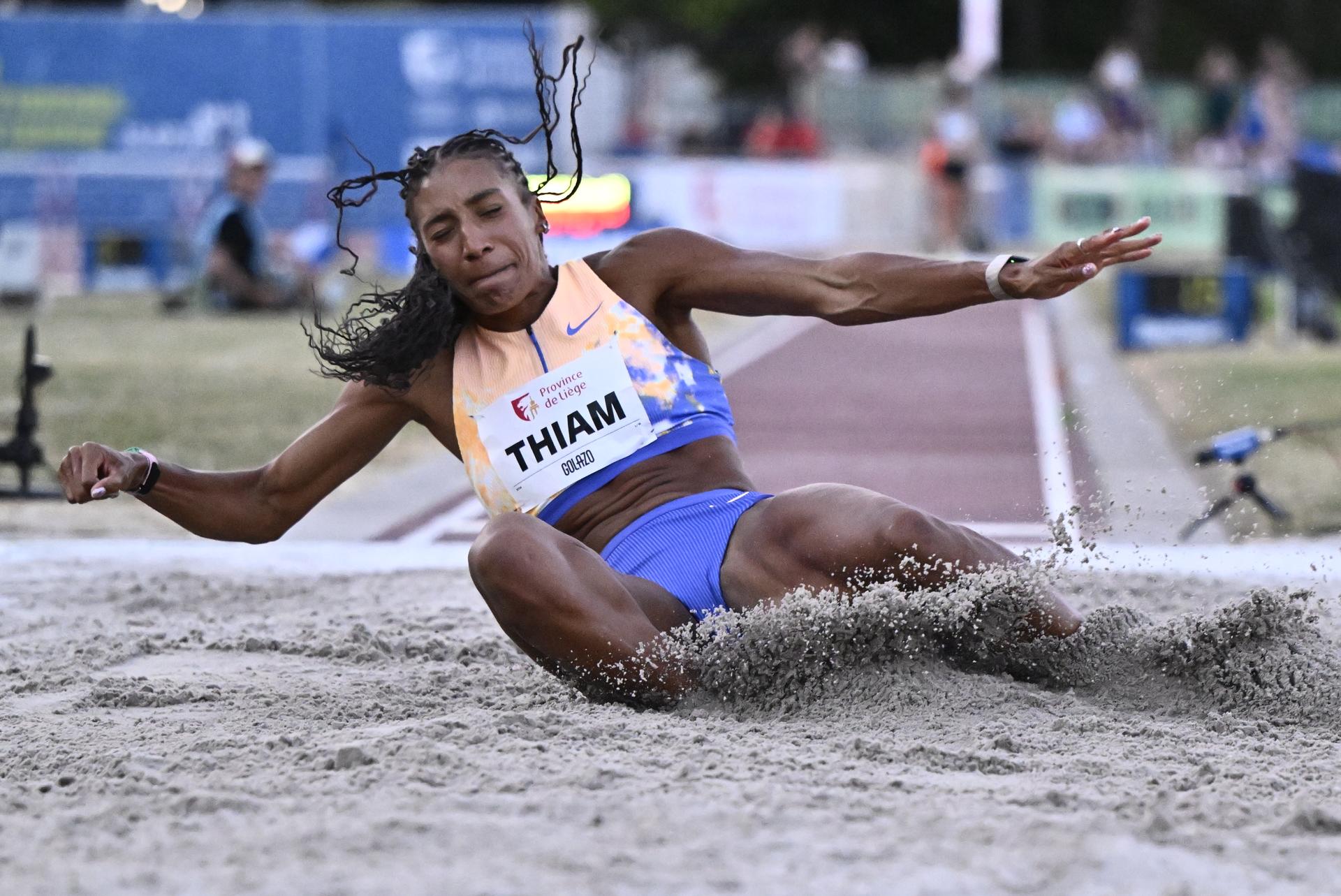 Belgian Nafissatou Nafi Thiam pictured in action during the 2026 edition of the 'Meeting International d'Athletisme de la Province de Liege' athletics event in Liege, Wednesday 15 July 2026. BELGA PHOTO ERIC LALMAND