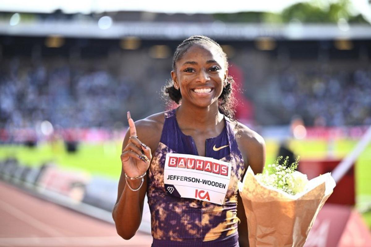 USA's Melissa Jefferson-Wooden celebrates winning the Women's 100m event of the IAAF Stockholm Diamond League athletics meeting in Stockholm, Sweden, on June 7, 2026. Christine OLSSON / TT NEWS AGENCY / AFP