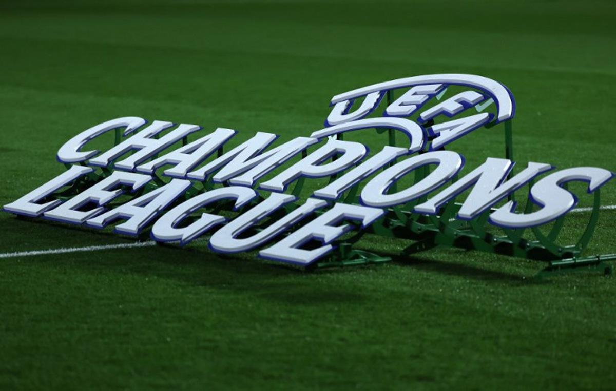 The UEFA Champions League logo is seen before the UEFA Champions League, league phase day 2 football match between Villarreal CF and Juventus at La Ceramica stadium in Vila-real on October 1, 2025. Thomas COEX / AFP