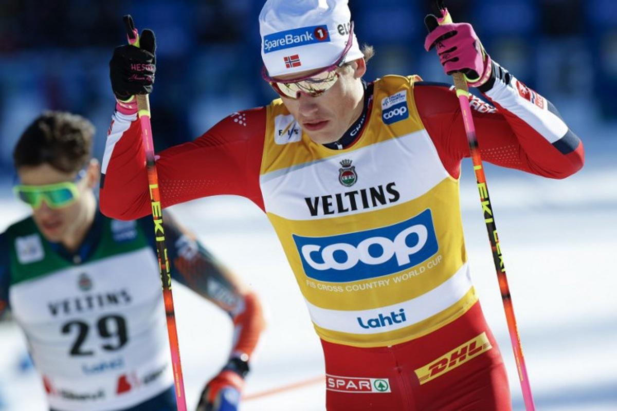 Johannes Hoesflot Klaebo of Norway competes to win the Cross-Country Skiing Men's Sprint Free Style final at the FIS Nordic World Cup Lahti Ski Games in Lahti, Finland, on March 7, 2026. Petri Korteniemi / Lehtikuva / AFP