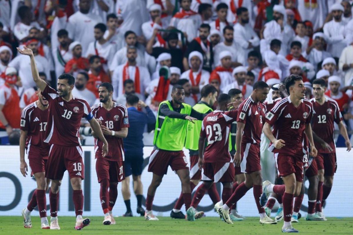 Qatar's players celebrate their opening goal during the FIFA World Cup 2026 Asian qualifier football match between Qatar and the UAE at Jassim Bin Hamad Stadium in Doha on October 14, 2025. Karim JAAFAR / AFP