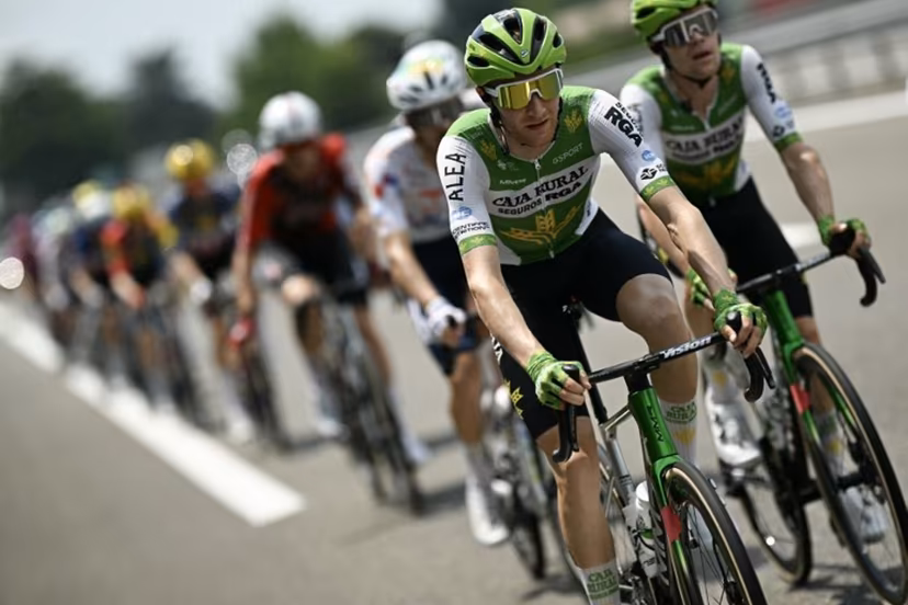 Caja Rural - Seguros RGA team's Spanish rider Abel Balderstone cycles with the pack of riders (peloton) during the 7th stage of the 113th edition of the Tour de France cycling race, 175,1 km between Hagetmau and Bordeaux in southwestern France, on July 10, 2026. Loic VENANCE / AFP