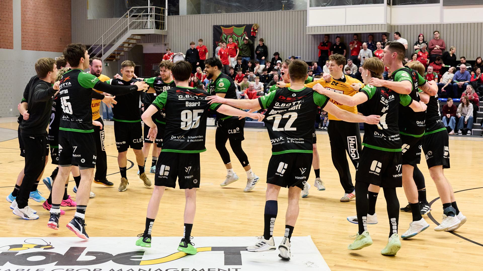 ATTENTION EDITORS - HAND OUT PICTURES - EDITORIAL USE WITH STORY ON HANDBALL ONLY - MANDATORY CREDIT ALAIN DECAMPS Hand out pictures released by Alain Decamps shows Hubo Handbal players celebrate after a handball game between Biobest Sasja HC and Hubo Handbal, a semi final game in the Belgian handball cup competition, on Saturday 01 February 2025 in Antwerp. HAND OUT - ALAIN DECAMPS