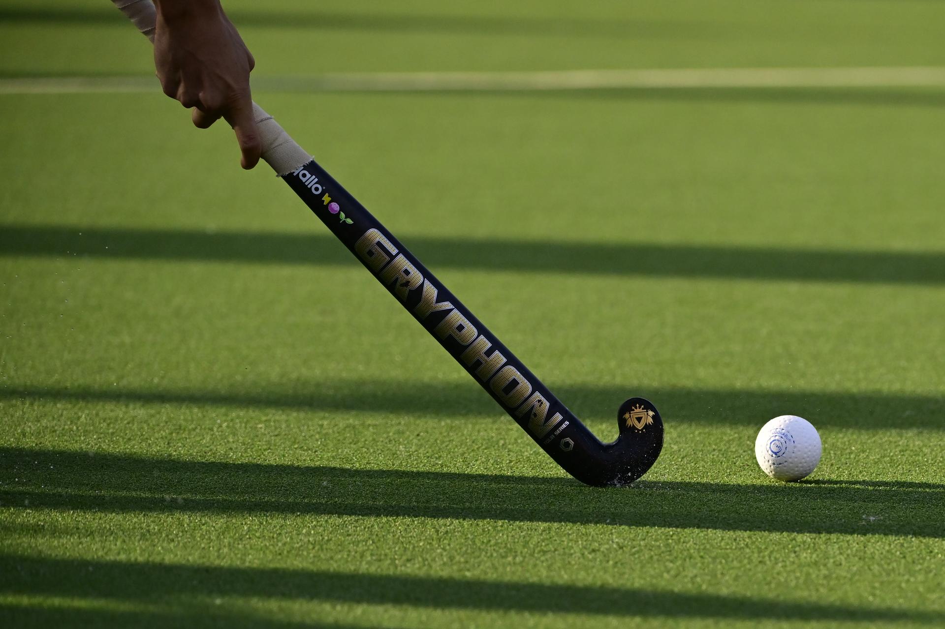 Illustration picture shows a hockey stick and ball on the pitch, during a hockey game between Belgian national team Red Lions and Ireland, match 5/16 in the group stage of the 2024 Men's FIH Pro League, Wednesday 22 May 2024, in Antwerp. BELGA PHOTO DIRK WAEM