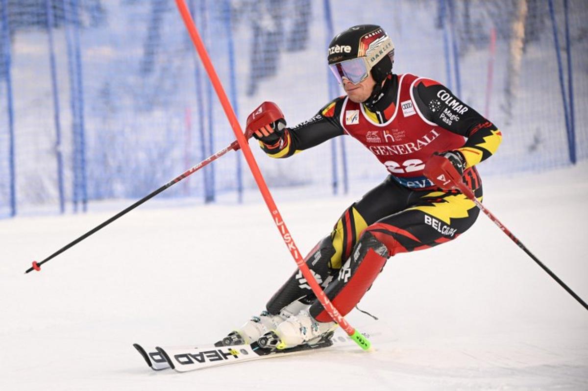 Belgium's Armand Marchant competes during the first run of the men's slalom event of the FIS Alpine Skiing World Cup at the Levi Ski Centre in Kittila, Finland on November 16, 2025. Roni Rekomaa / Lehtikuva / AFP