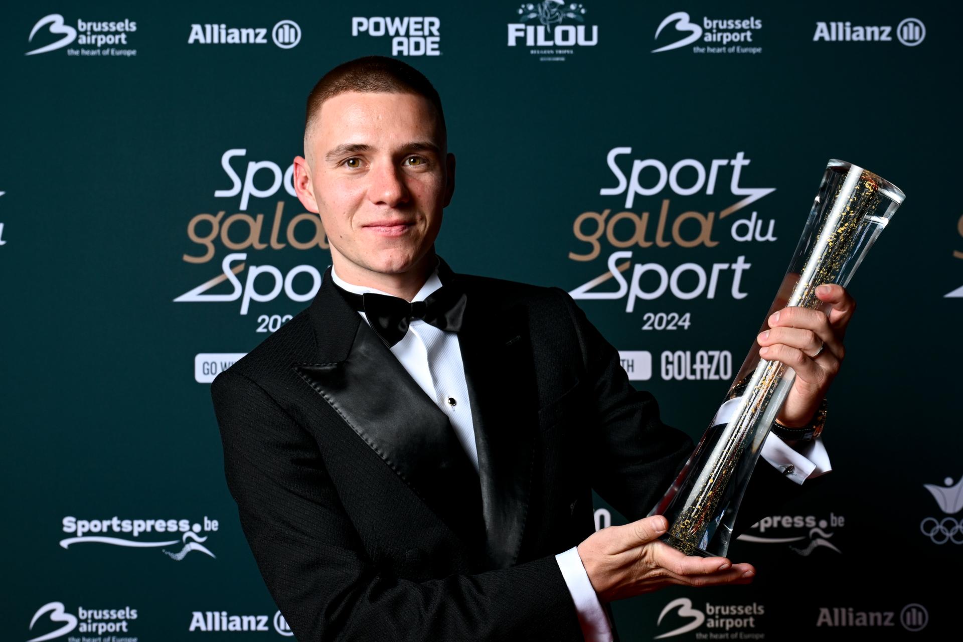 Belgian Remco Evenepoel poses for the photographer during the 'Sportgala' award show, to announce the sport women and men of the year 2024, Sunday 12 January 2025 in Zaventem. BELGA PHOTO DIRK WAEM