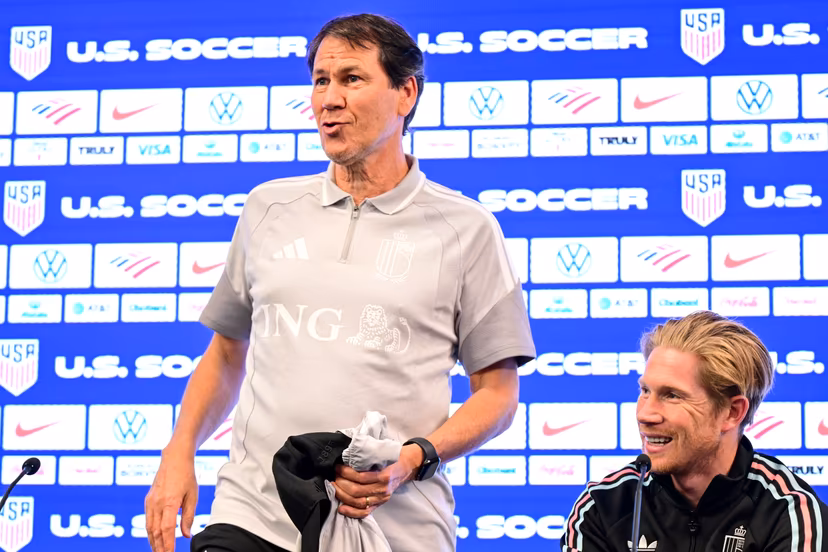 Belgium's head coach Rudi Garcia and Belgium's Kevin De Bruyne pictured at a press conference of Belgian national soccer team Red Devils in Atlanta, United States, on Friday 27 March 2026. The team is preparing for tomorrow's friendly match against the United States, in preparation for the 2026 World Cup. BELGA PHOTO DIRK WAEM