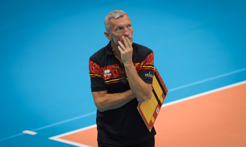 Belgium's head coach Emamuele Zanini looks dejected during a volleyball match between Belgium's national men's volleyball team, the Red Dragons, and the Ukrainian national men's volleyball team, match 3 (out of 6) in the League Round Pool B of the European Golden League men, in Beveren, Saturday 03 June 2023. BELGA PHOTO VIRGINIE LEFOUR