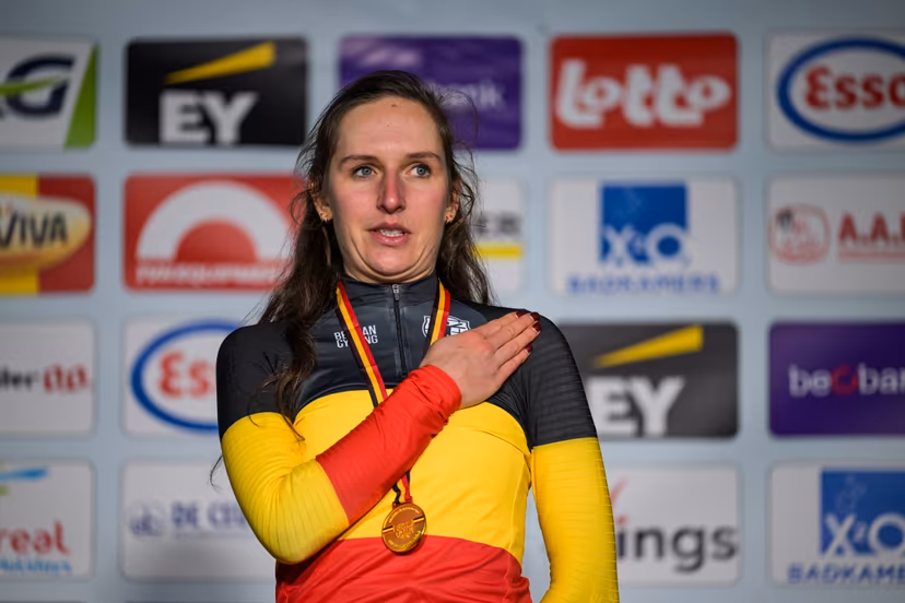 Belgian champion Emeline Detilleux pictured on the podium after the Women elite 2 race (without contact) at the Belgian Cyclocross Championships in Beringen on Saturday 10 January 2026. BELGA PHOTO DAVID PINTENS