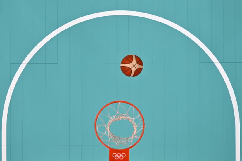 An overview shows the ball rebound in the women's preliminary round group A basketball match between Spain and China during the Paris 2024 Olympic Games at the Pierre-Mauroy stadium in Villeneuve-d'Ascq, northern France, on July 28, 2024. Sameer Al-DOUMY / POOL / AFP