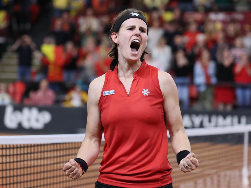 Belgian Greet Minnen and reacts after winning the fourth game between Belgian Minnen and US' Jovic on the second day of the qualifiers of the Billie Jean King Cup tennis between Belgium and the USA, in Oostende, Belgium, on . The meeting takes place on 10 and 11th April. PHOTO BENOIT DOPPAGNE
