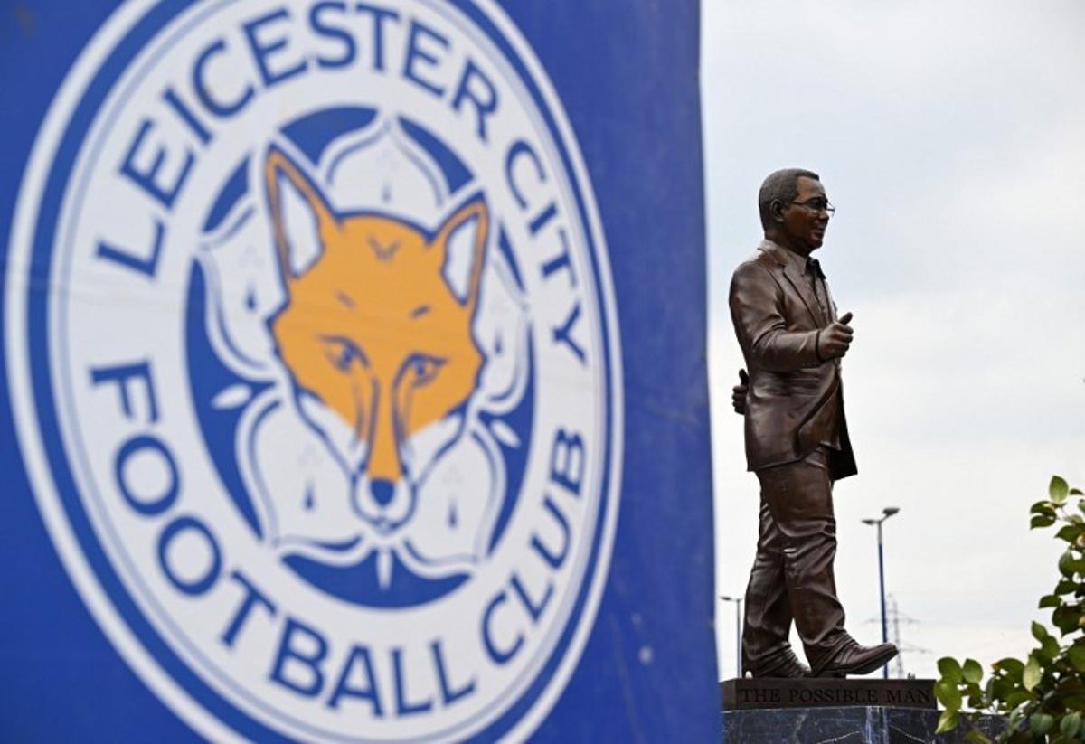 A statue of former Leicester City's Thai former chairman Vichai Srivaddhanaprabha is pictured ahead of the English Premier League football match between Leicester City and Aston Villa at King Power Stadium in Leicester, central England on April 23, 2022. Oli SCARFF / AFP
