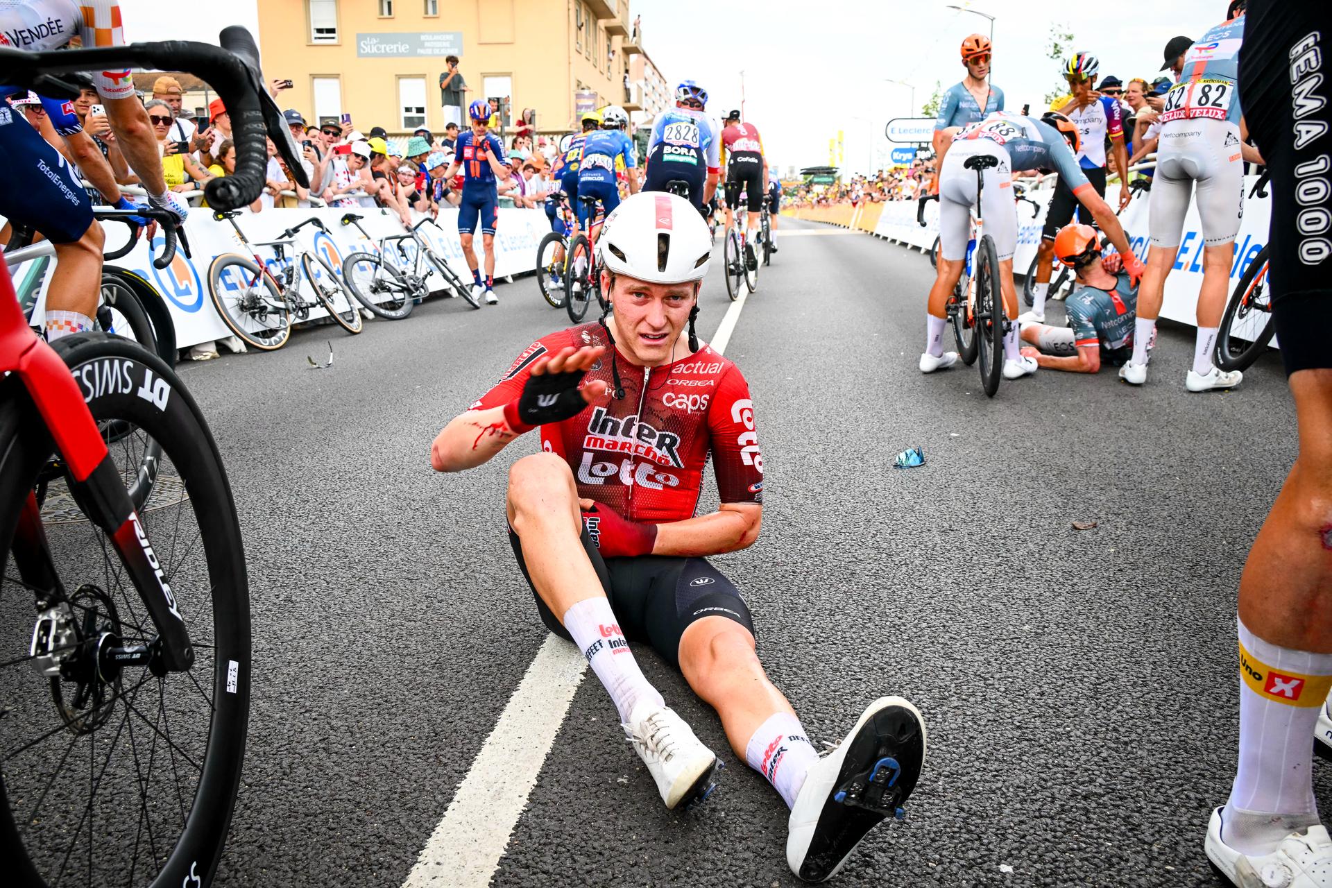 Belgian Jenno Berckmoes of Lotto Intermarche is injured at the end of the stage 12 of the 2026 Tour de France cycling race, a stage of 181km from Nevers Magny-Cours to Chalon-sur-Saone, on Thursday 16 July 2026. The 113th edition of the Tour de France starts on Saturday 4 July in Barcelona, Spain, and will finish in Paris, France on the 26th of July. BELGA PHOTO POOL LUCA BETTINI