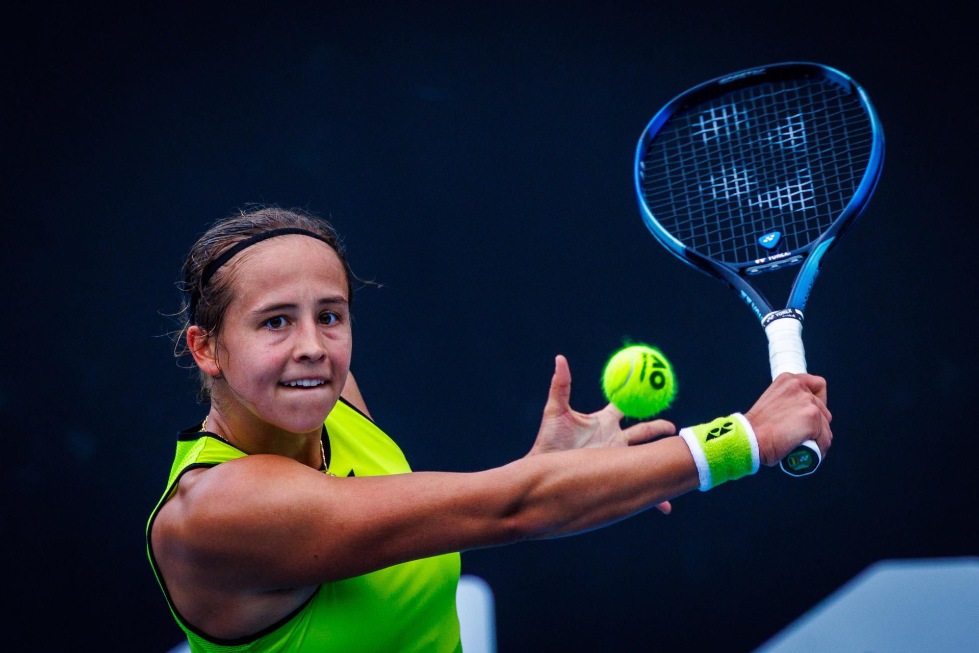 Belgium¿s Hanne Vandewinkel during a qualifying match against USA¿s Carol Young Suh at the Australian Open, Melbourne Park, Melbourne, January 13, 2026. Photo by Patrick Hamilton/SIPA USA) --- BENELUX ONLY ---