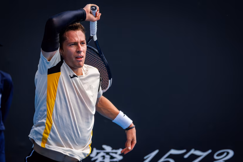 Belgium's Kimmer Coppejans pictured in action during a third round qualifying match in the men's singles against USA's Svajda at the Australian Open, Melbourne Park, Melbourne on Thursday 15 January 2026. BELGA PHOTO PATRICK HAMILTON --- BENELUX ONLY ---