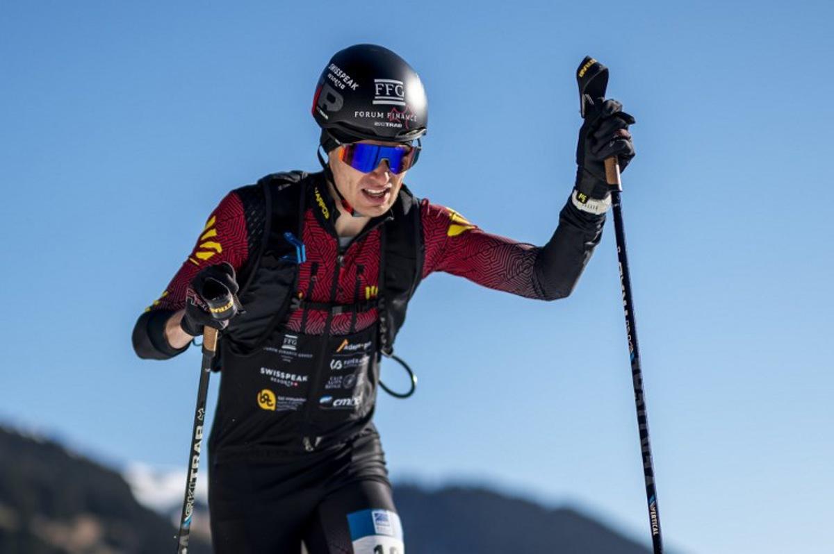 Belgium's Maximilien Drion du Chapois competes in the Men's Sprint Race at the Ski mountaineering (ISMF) World Championships in Morgins, Switzerland, on March 6, 2025. Fabrice COFFRINI / AFP