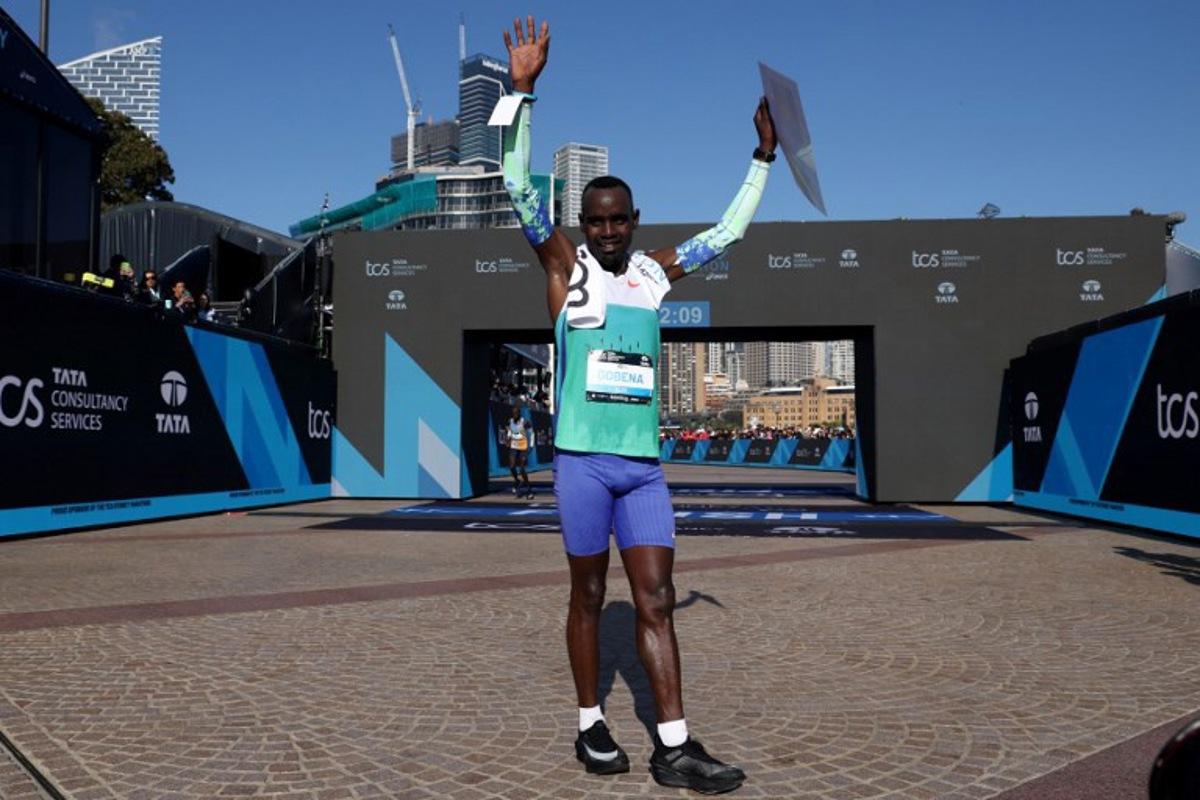 Ethiopia's Addisu Gobena reacts after crossing the finish line to win the 2026 Sydney Marathon in Sydney on August 30, 2026. DAVID GRAY / AFP