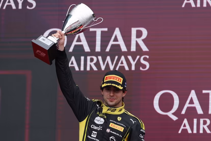 Second placed Invicta Rasing's Rafael Camara of Brazil celebrates on the podium after the Round 1 Melbourne Feature Race of the Formula 2 Championship at Albert Park Circuit on March 8, 2026, ahead of the Formula One Australian Grand Prix. Martin KEEP / AFP