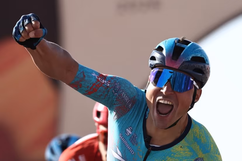 XDS Astana Team Italian Matteo Malucelli celebrates as he crosses the finish ligne to winn the fourth stage of the AlUla Tour cycling race, 173,4 km from Winter Park to Hegra on January 30, 2026. Anne-Christine POUJOULAT / AFP