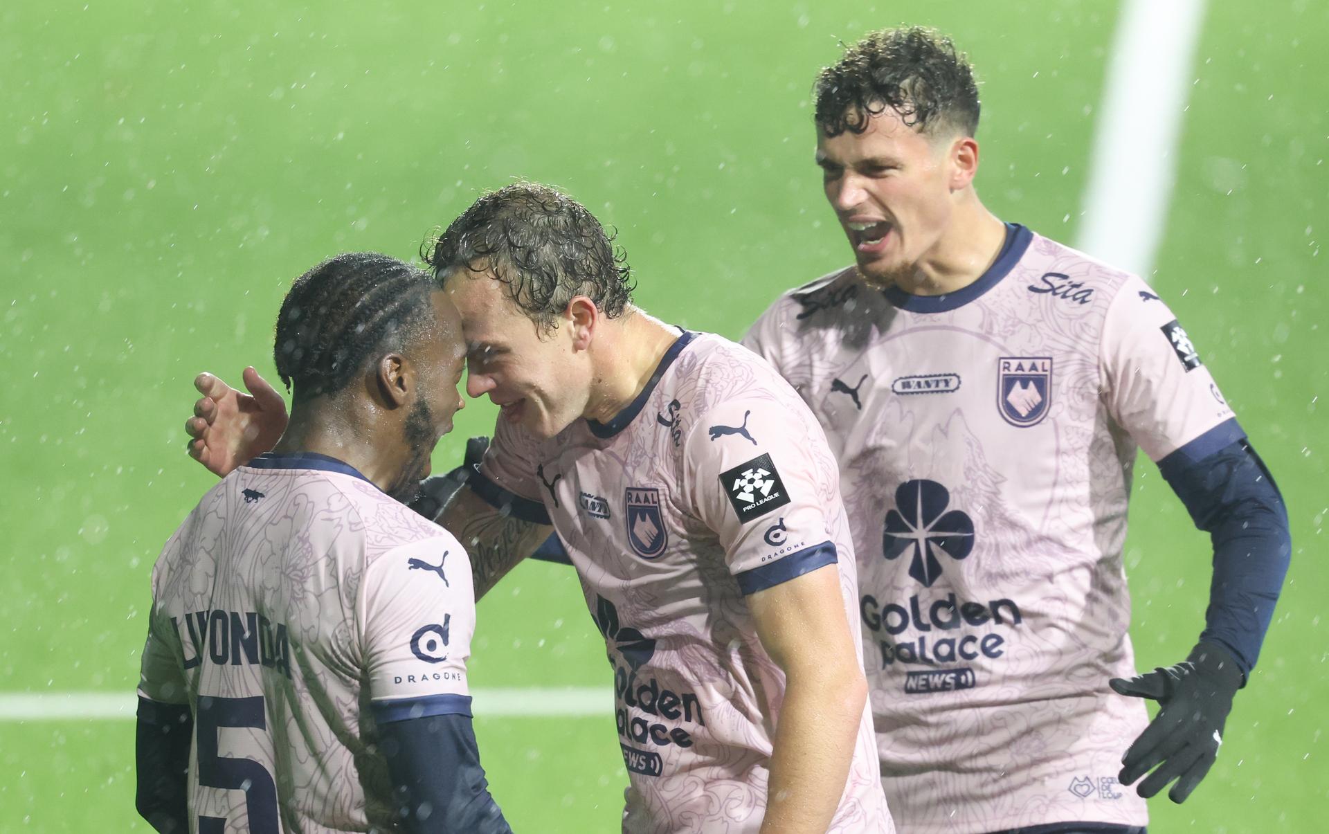 RAAL's Nolan Gillot celebrates after scoring during a soccer match between RAAL La Louviere and Zulte Waregem, Saturday 24 October 2026 in La Louviere, on day 9 of the 2026-2027 'Jupiler Pro League' first division of the Belgian championship. BELGA PHOTO VIRGINIE LEFOUR