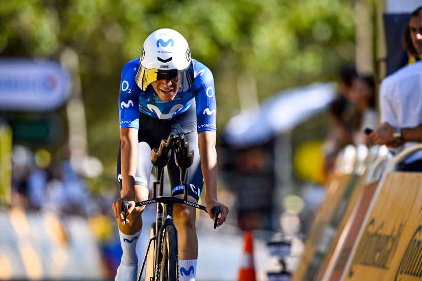 Belgian Cian Uijtdebroeks of Movistar Team crosses the finish line of the first stage of the 2026 Tour de France cycling race, a team time trial of 19km with start and finish in Barcelona, Spain, Saturday 04 July 2026. The 113th edition of the Tour de France starts on Saturday 4 July in Barcelona, Spain, and will finish in Paris, France on the 26th of July. BELGA PHOTO JASPER JACOBS