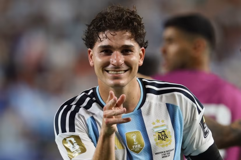 Aregentina's forward #09 Julian Alvarez celebrates scoring his team's second goal during the 2026 World Cup football tournament quarter-final match between Argentina and Switzerland at the Kansas City Stadium in Kansas City on July 11, 2026. Odd ANDERSEN / AFP