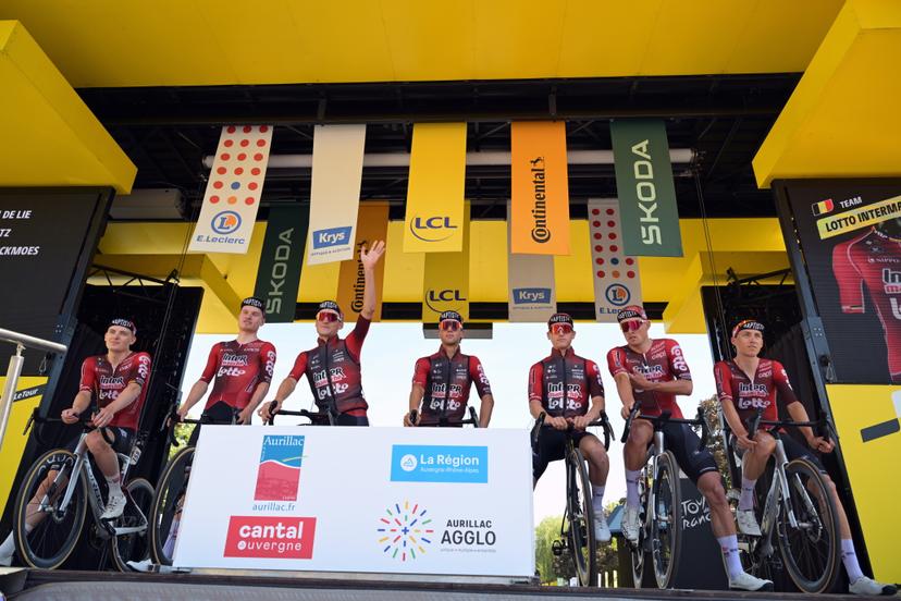 Lotto Intermarche riders pictured at the start of stage 10 of the 2026 Tour de France cycling race, a stage of 167km from Aurillac to Le Lioran, on Tuesday 14 July 2026. The 113th edition of the Tour de France starts on Saturday 4 July in Barcelona, Spain, and will finish in Paris, France on the 26th of July. BELGA PHOTO DAVID PINTENS