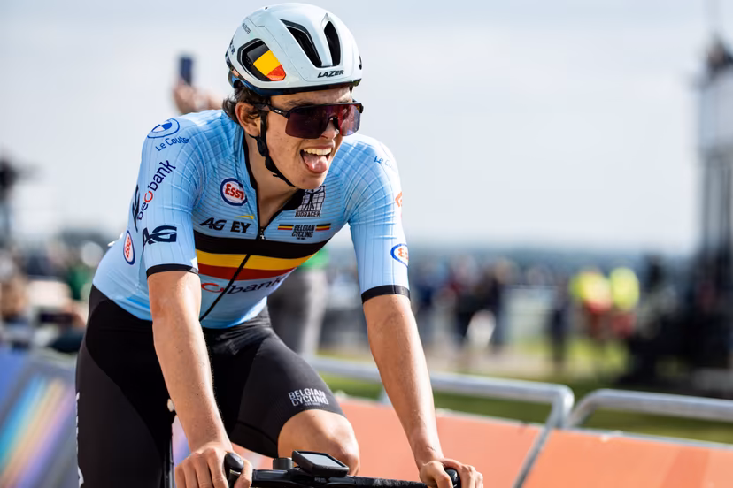 Belgian Kamiel Eeman pictured in action during the Junior Men's Road Race, 111km around and on the Col du VAM, on day 4 of the UEC Road European Championships in Wijster, The Netherlands, Saturday 23 September 2023. The European cycling championships takes place from 20 to 24 september. BELGA PHOTO DAVID PINTENS