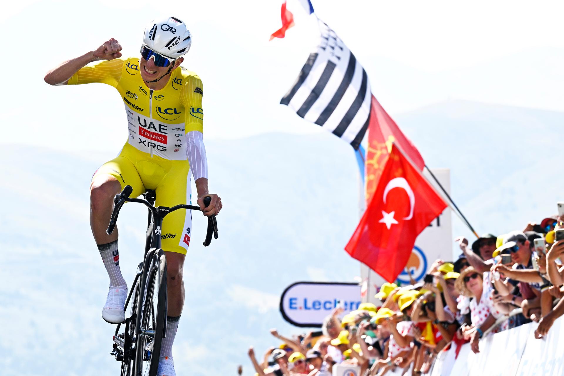 Slovenian Tadej Pogacar of UAE Team Emirates pictured at the finish of stage 13 of the 2025 Tour de France cycling race, an 11km individual time trial from Loudenvielle to Peyragudes, on Friday 18 July 2025 in France. The 112th edition of the Tour de France starts on Saturday 5 July in Lille, France, and will finish in Paris, France on the 27th of July. BELGA PHOTO JASPER JACOBS
