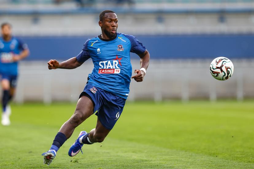 Dender's Mohamed Berte pictured in action during a soccer match between FCV Dender EH and SV Zulte Waregem, Sunday 12 April 2026 in Denderleeuw, on the second day of the Relegation Play-offs of the 2025-2026 'Jupiler Pro League' first division of the Belgian championship. BELGA PHOTO BRUNO FAHY