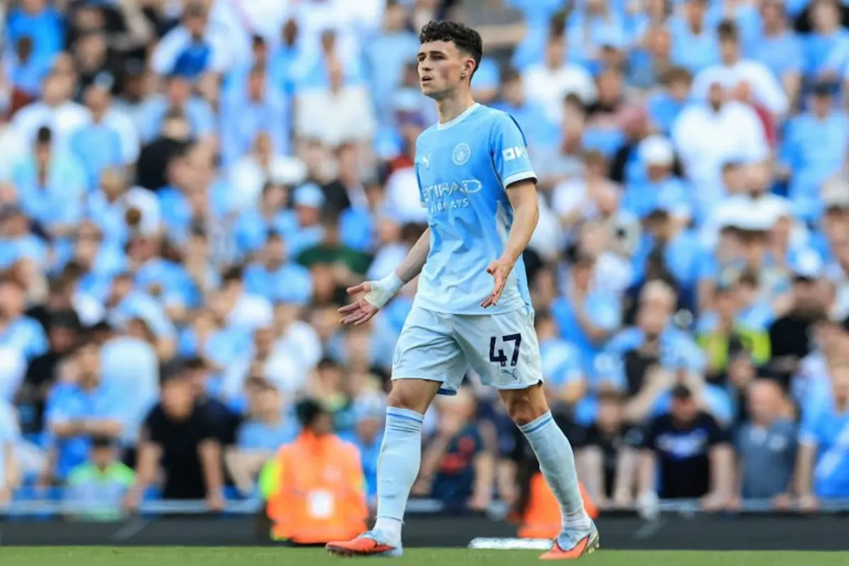 Manchester City's English midfielder #47 Phil Foden reacts after being ruled offsides during the English Premier League football match between Manchester City and Aston Villa at the Etihad Stadium in Manchester, north west England, on May 24, 2026. Darren Staples / AFP