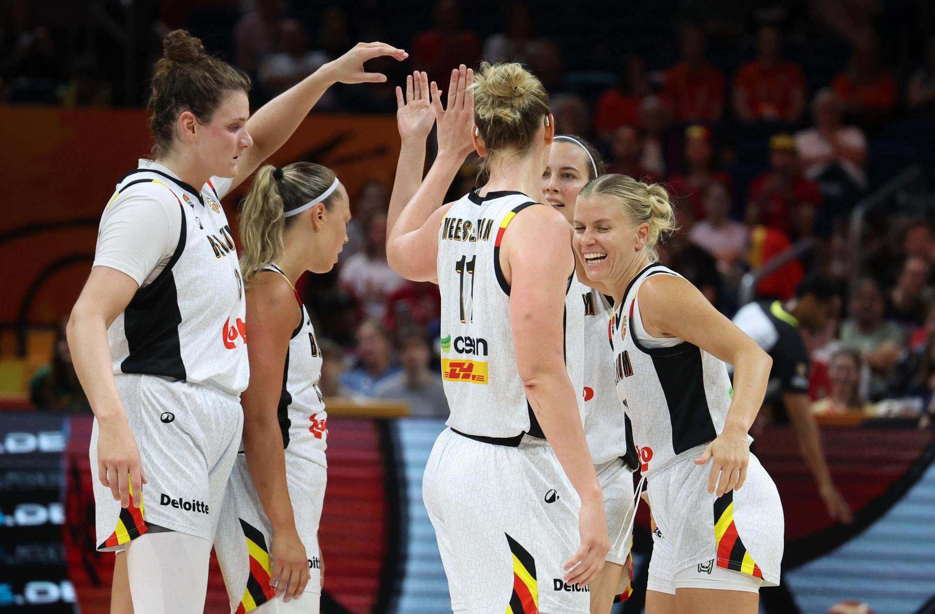 Belgian Cats' players celebrate after scoring during a basketball game between Belgian national team Belgian Cats and Australia, game 3 of the group phase at the FIBA Women's Basketball World Cup, on Monday 7 September 2026, in Berlin, Germany. The FIBA Women's Basketball World Cup takes place in Berlin from 4 to 23 September 2026. BELGA PHOTO VIRGINIE LEFOUR