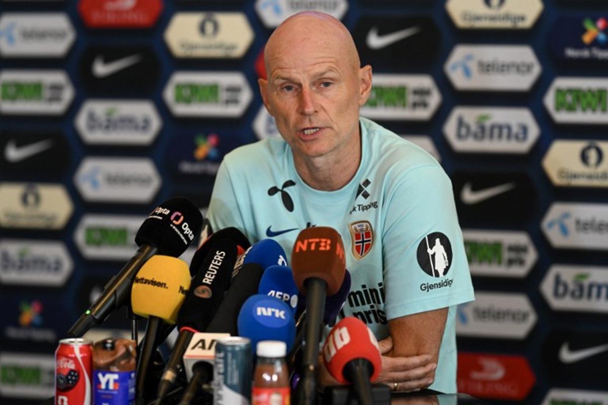 Norway's head coach Stale Solbakken gives a press conference in Montclair, New Jersey, on July, 6, 2026 during the 2026 World Cup football torunament. MAURO PIMENTEL / AFP