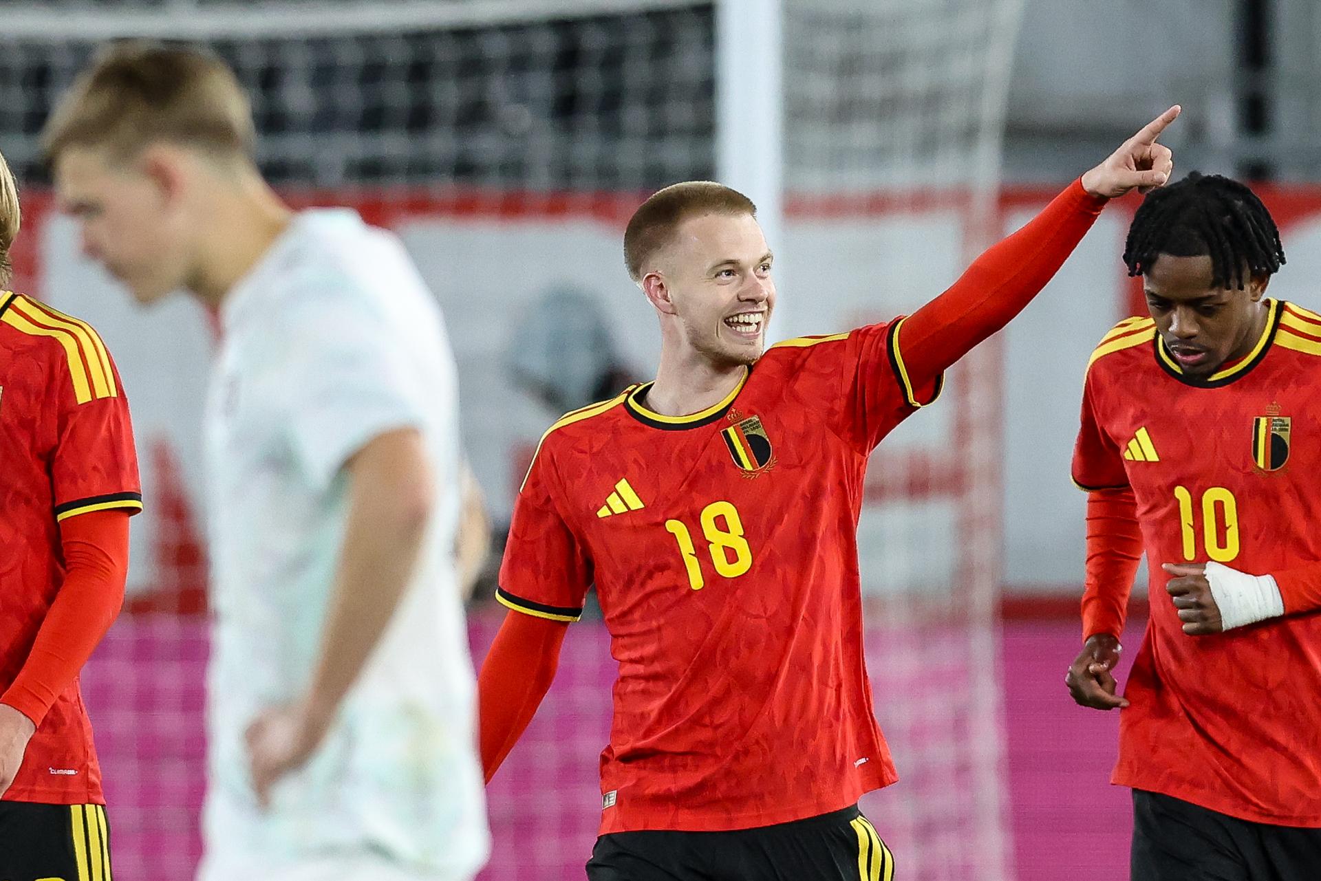 Belgian Arthur Vermeeren celebrates after scoring during a game of the Belgian national soccer team Red Devils U21 against Austria, on the day 8 of the qualifications in the group I for the 2027 Euro, in Leuven, Friday 27 March 2026. BELGA PHOTO BRUNO FAHY