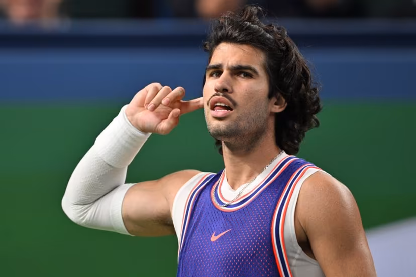 Spain's Carlos Alcaraz reacts during his men's singles match against Belgium's Zizou Bergs at the Shanghai Masters tennis tournament in Shanghai on October 12, 2026. Hector RETAMAL / AFP