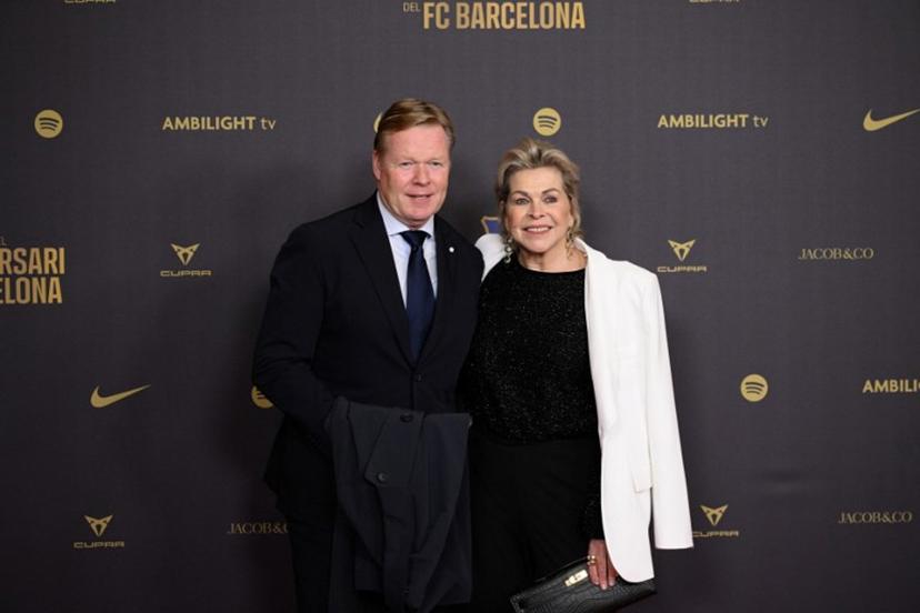 Former Barcelona player and coach Ronald Koeman (L) and his wife Bartina arrive to attend a gala in celebration of the 125th anniversary of the founding of FC Barcelona, in the Gran Teatre del Liceu theatre in Barcelona on November 29, 2024. Josep LAGO / AFP