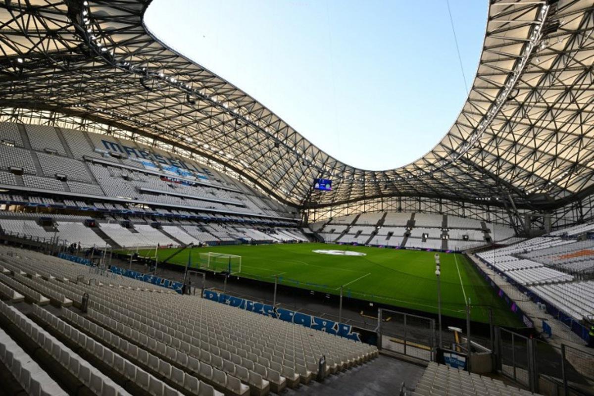 This picture taken on October 4, 2022 shows the empty tribune of the Stade Velodrome prior the UEFA Champions League, Group D football match, between Olympique Marseille (OM) and Sporting Lisbon, in Marseille, southern France on October 4, 2022. NICOLAS TUCAT / AFP