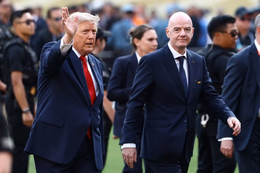 FIFA President Gianni Infantino (R) and US President Donald Trump arrive for the final ceremony after the 2026 World Cup football tournament final match between Spain and Argentina at the New York/New Jersey Stadium in East Rutherford on July 19, 2026. CHARLY TRIBALLEAU / AFP