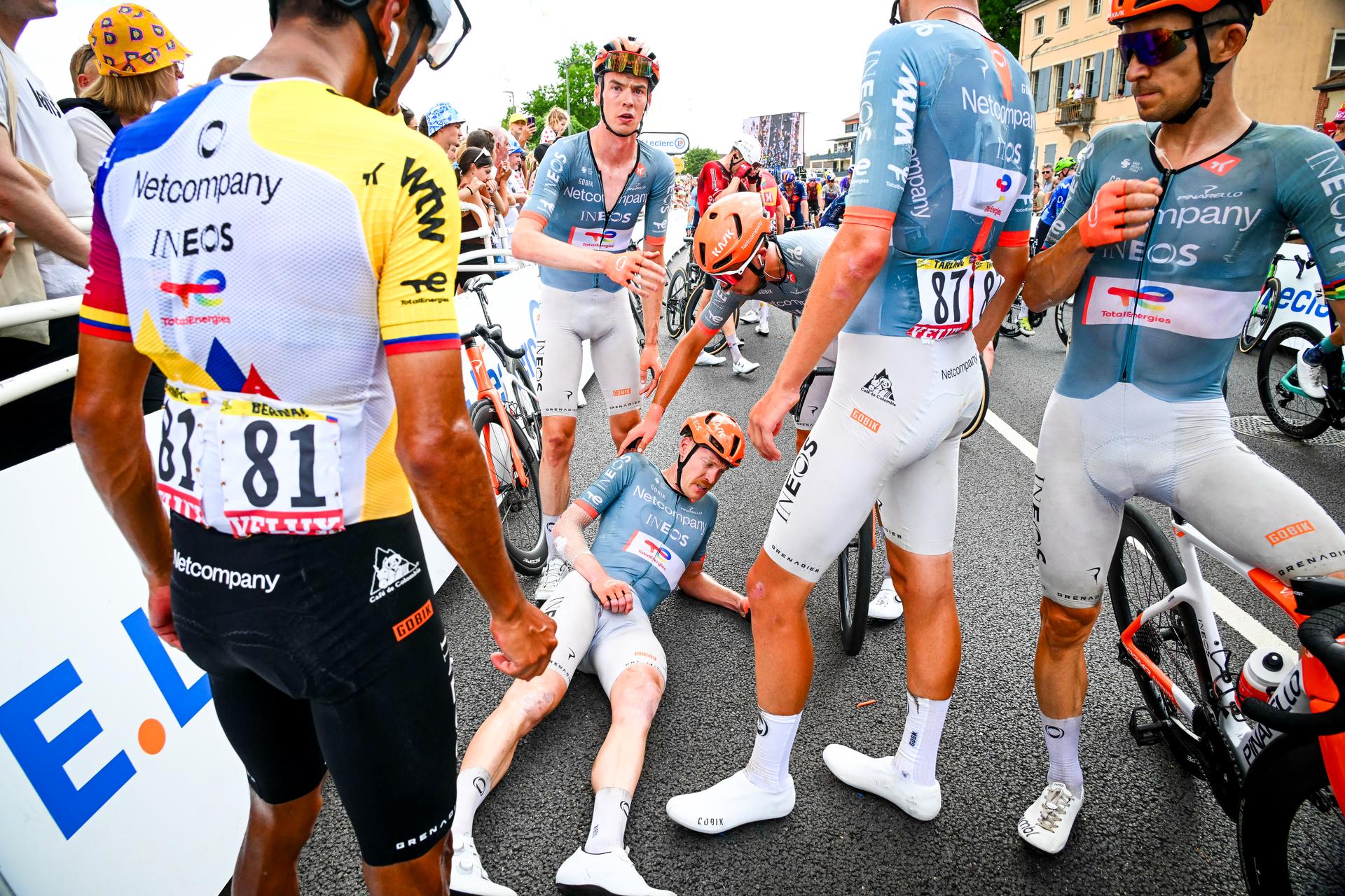 French Dorian Godon of Netcompany-INEOS is surrounded by teammates while being injured at the end of the stage 12 of the 2026 Tour de France cycling race, a stage of 181km from Nevers Magny-Cours to Chalon-sur-Saone, on Thursday 16 July 2026. The 113th edition of the Tour de France starts on Saturday 4 July in Barcelona, Spain, and will finish in Paris, France on the 26th of July. BELGA PHOTO POOL LUCA BETTINI