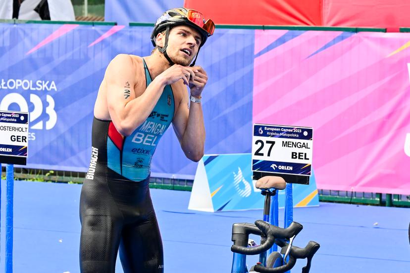 Triathlon Athlete Arnaud Mengal pictured in action during the men's Triathlon event at the European Games in Krakow, Poland on Wednesday 28 June 2023. The 3rd European Games, informally known as Krakow-Malopolska 2023, is a scheduled international sporting event that will be held from 21 June to 02 July 2023 in Krakow and Malopolska, Poland. BELGA PHOTO TEAM BELGIUM